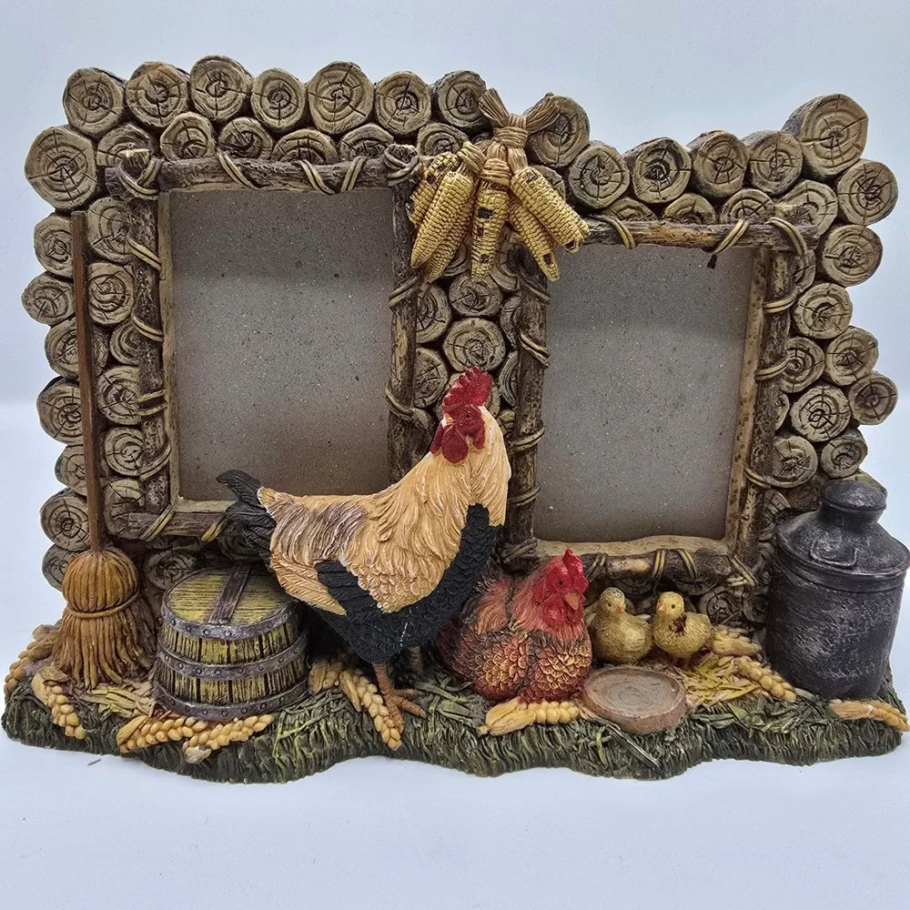 Farmhouse Rustic Photo Frame Rooster Hen Chicks Double‎ Picture Display